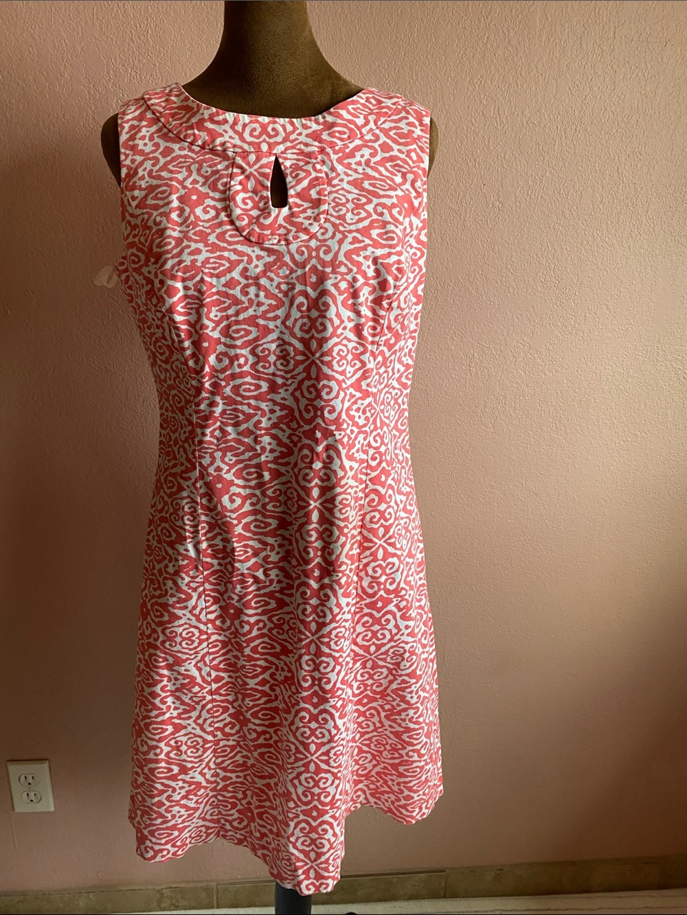 RALPH LAUREN Sleeveless Orange Patterned Shift Dress with Keyhole Neck
